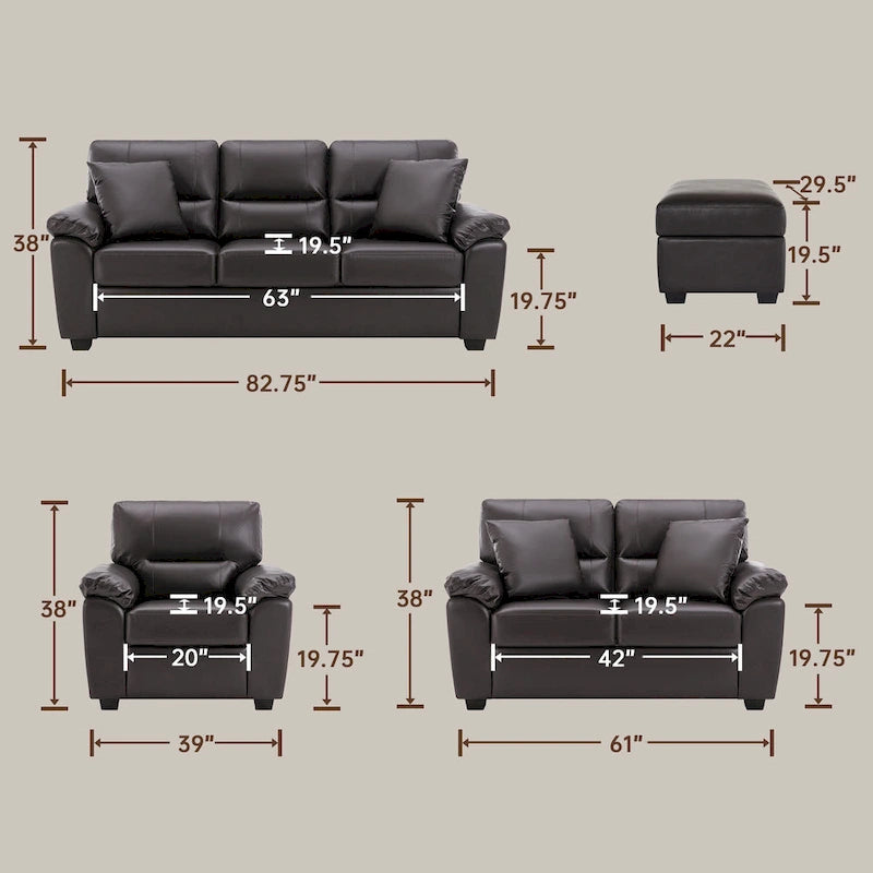 Ensemble de salon rembourré 4 pièces : fauteuil, causeuse et canapé en similicuir avec pouf
