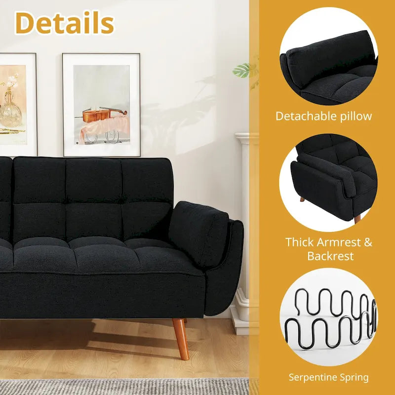 Divano letto futon da 75.39 pollici, divanetto imbottito trasformabile con schienale sdoppiato trapuntato e funzione reclinabile