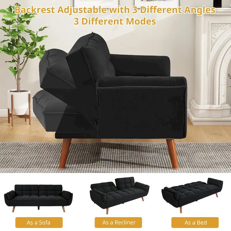 Divano letto futon da 75.39 pollici, divanetto imbottito trasformabile con schienale sdoppiato trapuntato e funzione reclinabile