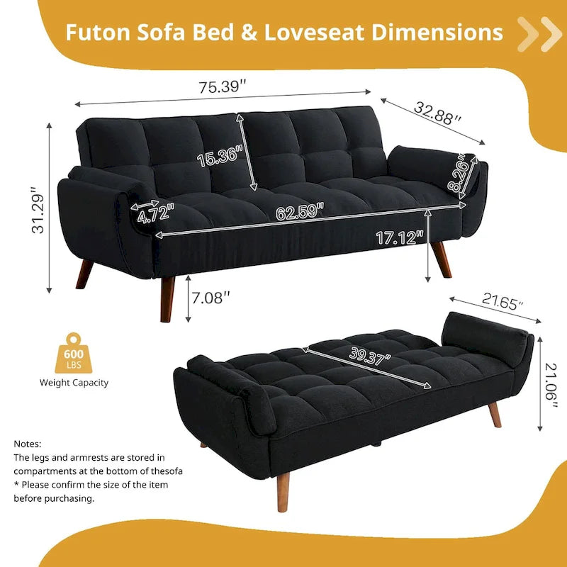 Divano letto futon da 75.39 pollici, divanetto imbottito trasformabile con schienale sdoppiato trapuntato e funzione reclinabile