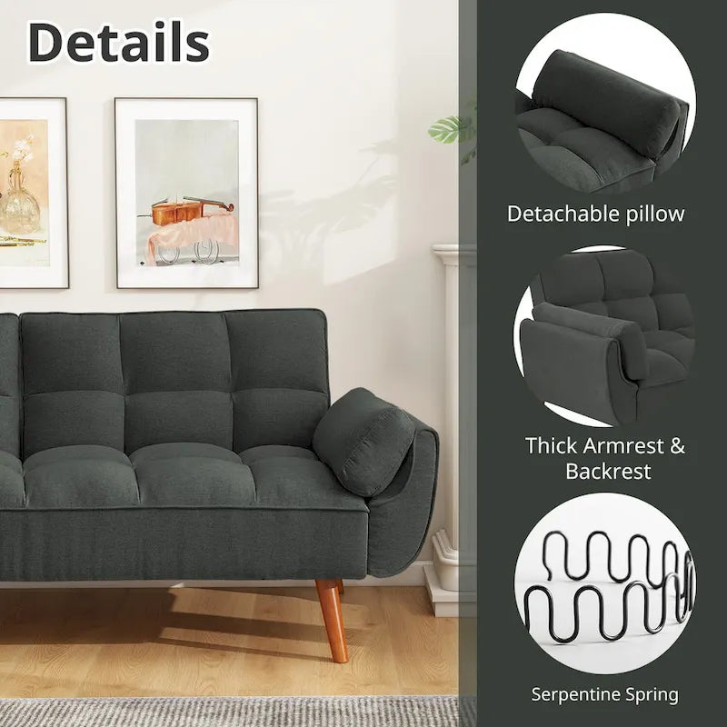 Divano letto futon da 75.39 pollici, divanetto imbottito trasformabile con schienale sdoppiato trapuntato e funzione reclinabile