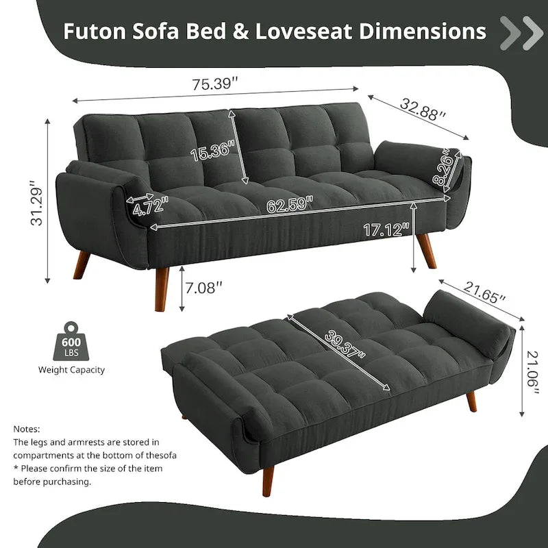 Divano letto futon da 75.39 pollici, divanetto imbottito trasformabile con schienale sdoppiato trapuntato e funzione reclinabile