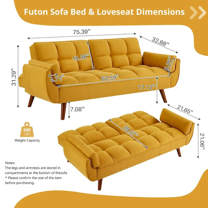 Divano letto futon da 75.39 pollici, divanetto imbottito trasformabile con schienale sdoppiato trapuntato e funzione reclinabile