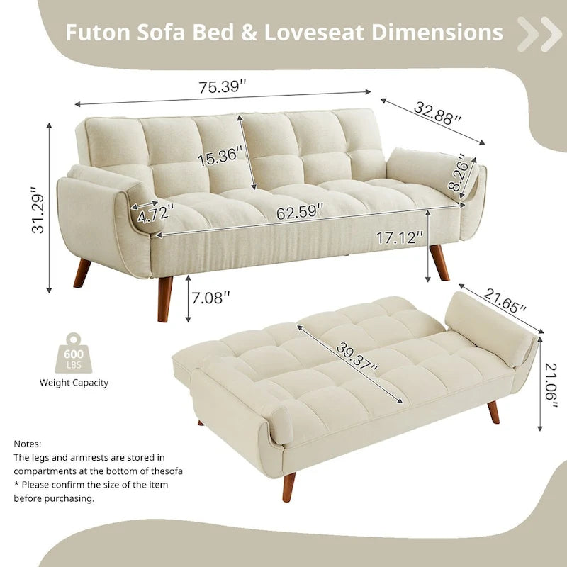 Divano letto futon da 75.39 pollici, divanetto imbottito trasformabile con schienale sdoppiato trapuntato e funzione reclinabile