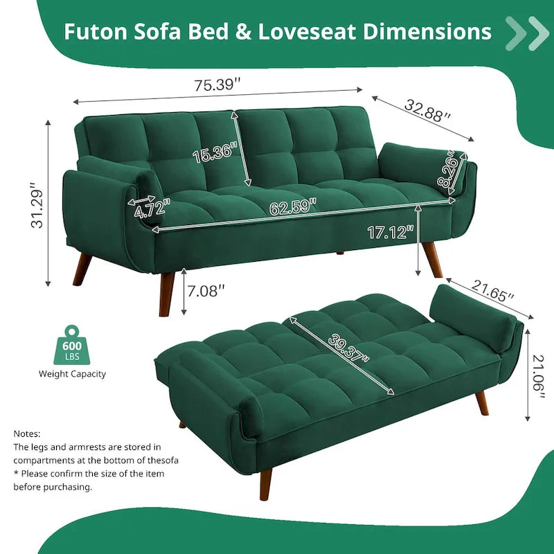 Divano letto futon da 75.39 pollici, divanetto imbottito trasformabile con schienale sdoppiato trapuntato e funzione reclinabile