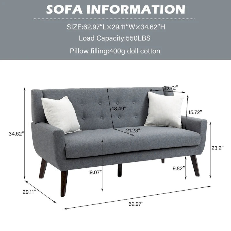 Pikowana dwuosobowa sofa z lnu i bawełny z poduszkami