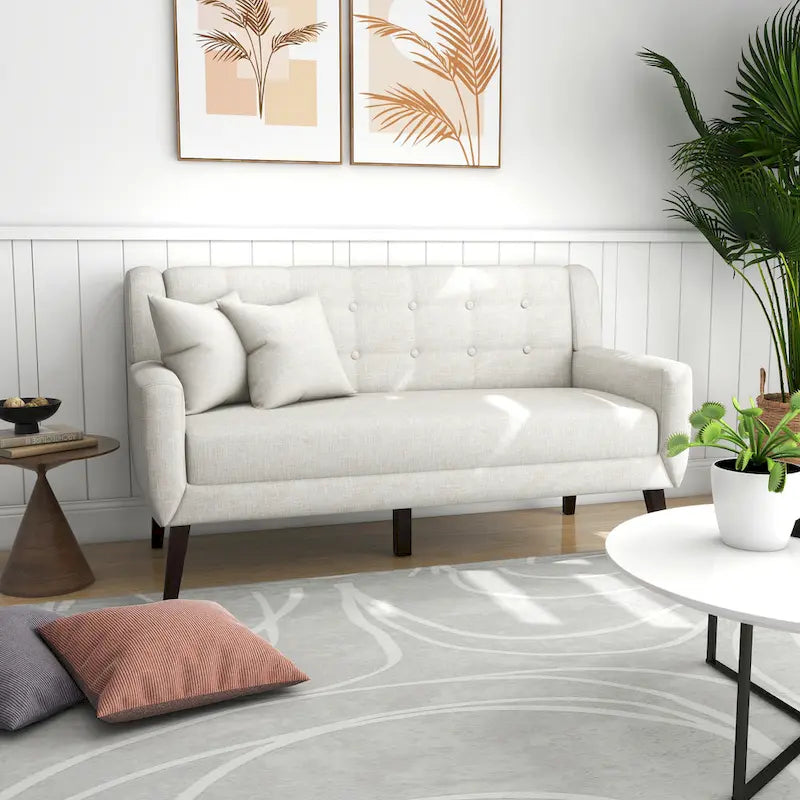 Pikowana dwuosobowa sofa z lnu i bawełny z poduszkami
