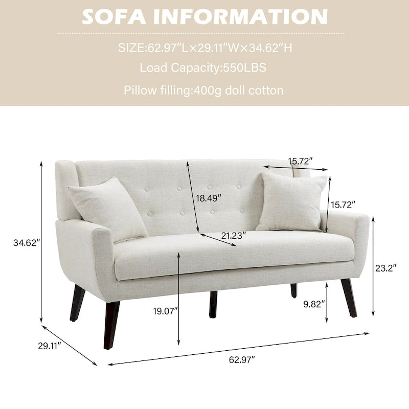 Pikowana dwuosobowa sofa z lnu i bawełny z poduszkami