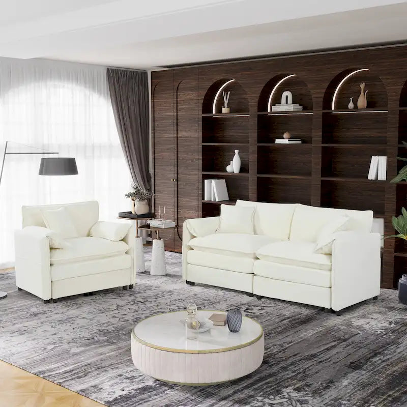 3-teiliges Chenille-Cloud-Sofa- und Sessel-Set mit tiefen Sitzflächen und 3 Kissen