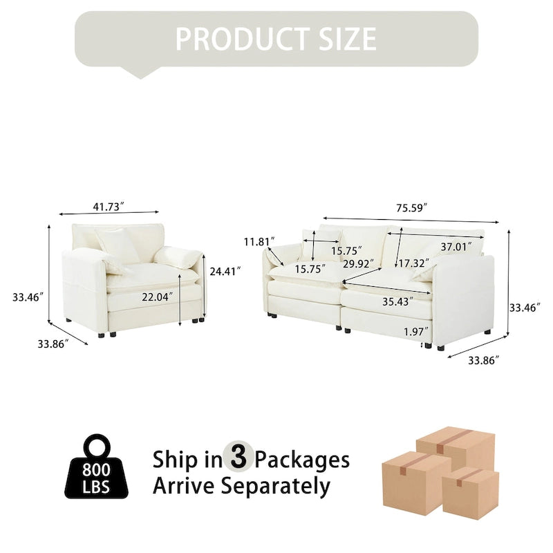3-teiliges Chenille-Cloud-Sofa- und Sessel-Set mit tiefen Sitzflächen und 3 Kissen