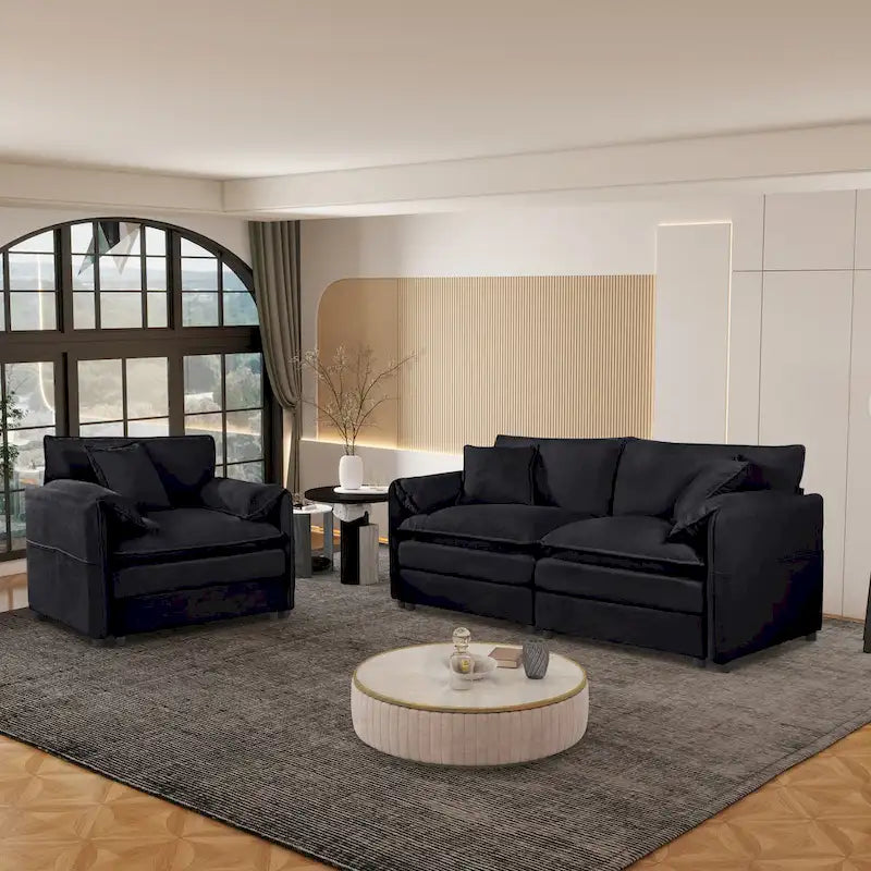 3-teiliges Chenille-Cloud-Sofa- und Sessel-Set mit tiefen Sitzflächen und 3 Kissen
