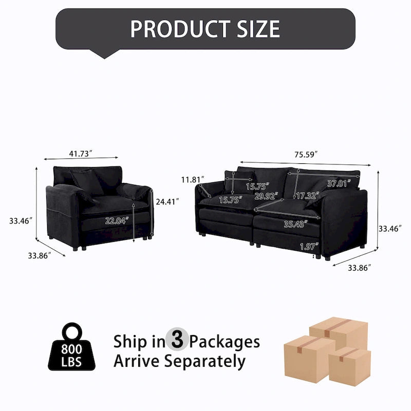 3-teiliges Chenille-Cloud-Sofa- und Sessel-Set mit tiefen Sitzflächen und 3 Kissen
