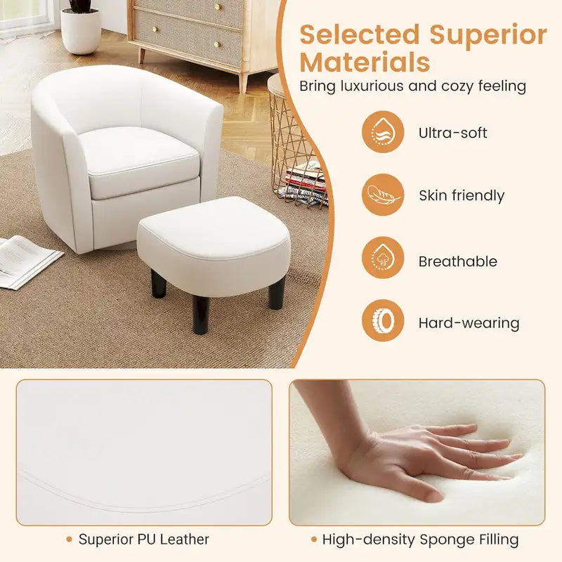 Moderne draaibare accentfauteuil met voetenbank voor woonkamer of slaapkamer