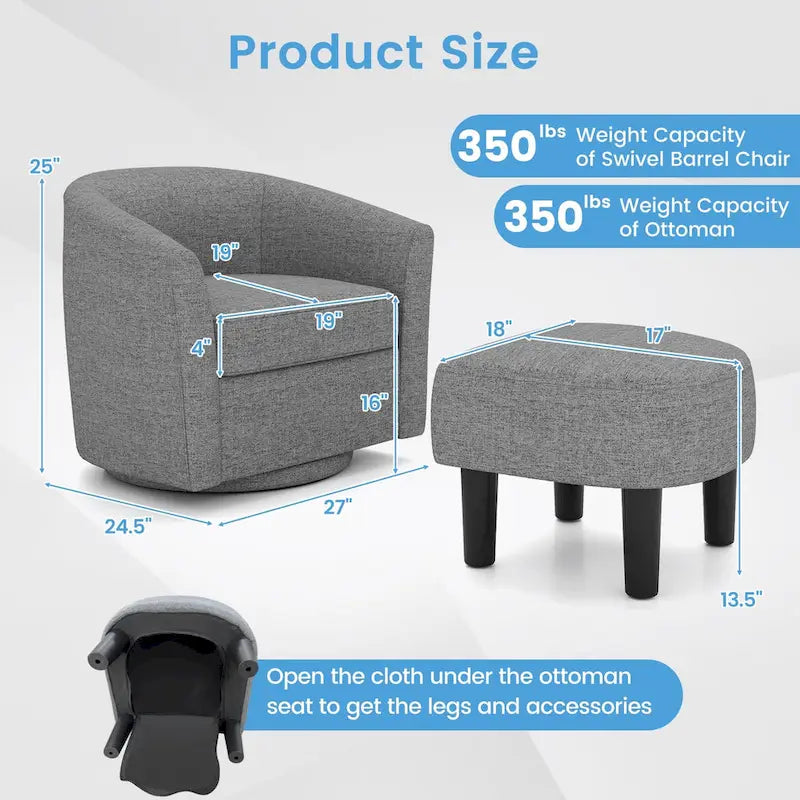 Moderne draaibare accentfauteuil met voetenbank voor woonkamer of slaapkamer