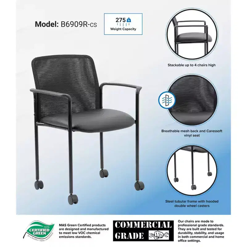 Mesh Guest Chair with Fixed Arms & Metal Frame -: Stackable, Breathable Back