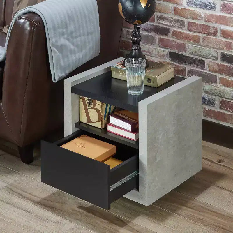 Industrial End Table Black: Storage Shelf, Metal Glides, MDF Frame