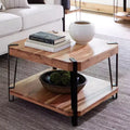 28" Natural Brown Live Edge Solid Wood Cube Coffee Table Metal And Wood: Acacia Top, 4-Leg Base