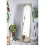 Natural wood brown console mirror: Bohemian style, rectangular, no assembly required.