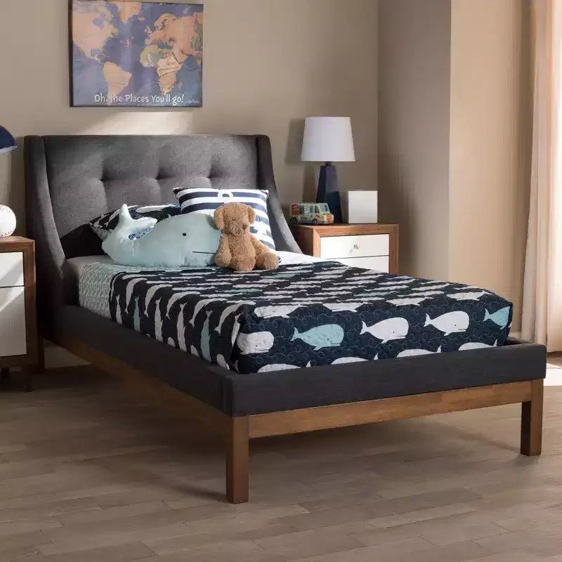 Modern and Contemporary Fabric Upholstered Walnut - Finished Platform Bed Dark Gray -