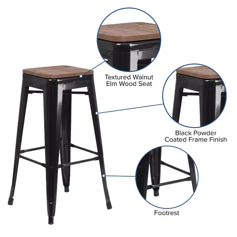 30 High Backless Metal Barstool with Square Wood Seat
