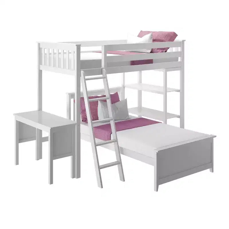 L-Shaped Twin over Twin Bunk Bed with Bookcase and Desk