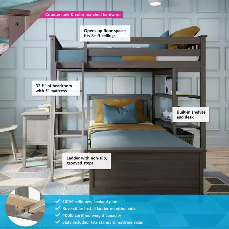 L-Shaped Twin over Twin Bunk Bed with Bookcase and Desk