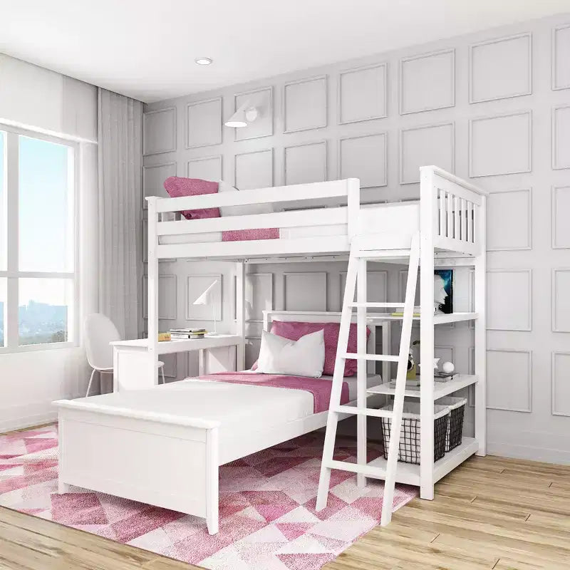 L-Shaped Twin over Twin Bunk Bed with Bookcase and Desk