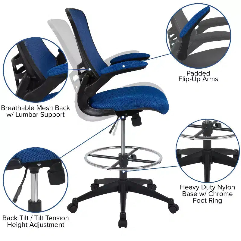 Mid-Back Mesh Ergonomic Drafting Chair with Foot Ring and Flip-Up Arms