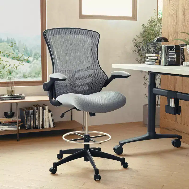 Mid-Back Mesh Ergonomic Drafting Chair with Foot Ring and Flip-Up Arms
