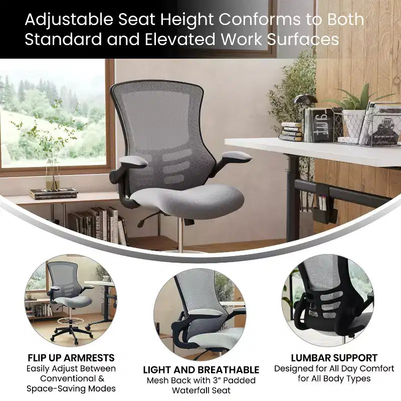 Mid-Back Mesh Ergonomic Drafting Chair with Foot Ring and Flip-Up Arms