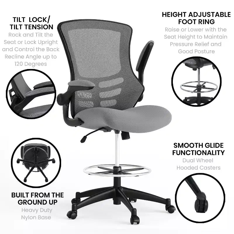 Mid-Back Mesh Ergonomic Drafting Chair with Foot Ring and Flip-Up Arms