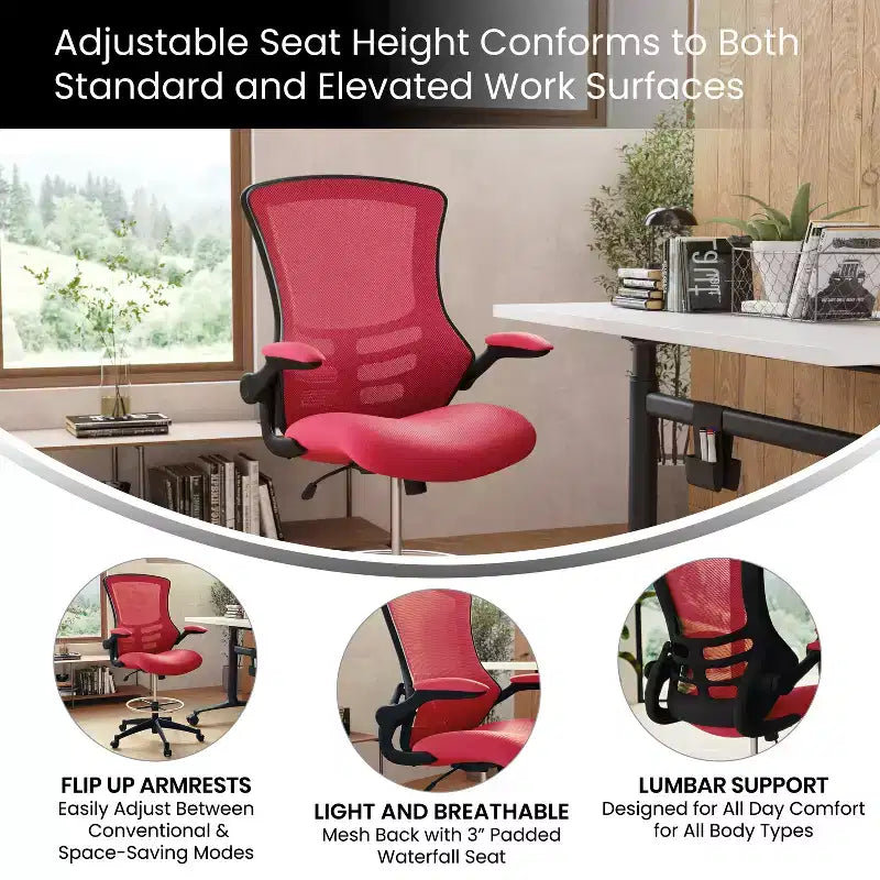 Mid-Back Mesh Ergonomic Drafting Chair with Foot Ring and Flip-Up Arms