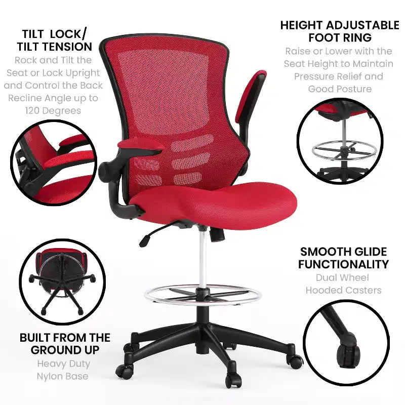 Mid-Back Mesh Ergonomic Drafting Chair with Foot Ring and Flip-Up Arms