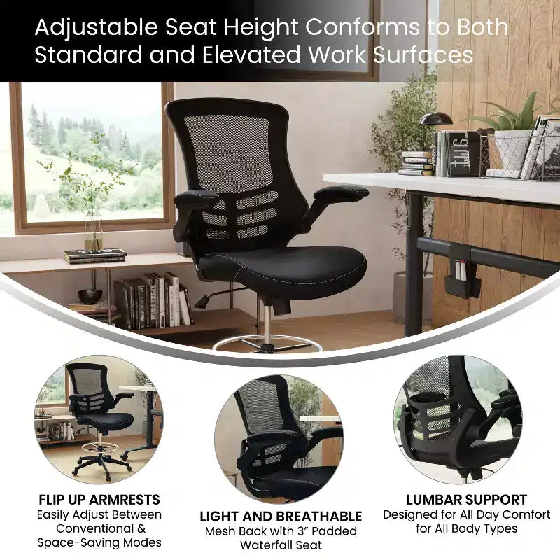 Mid-Back Mesh Ergonomic Drafting Chair with Foot Ring and Flip-Up Arms