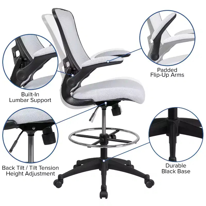 Mid-Back Mesh Ergonomic Drafting Chair with Foot Ring and Flip-Up Arms