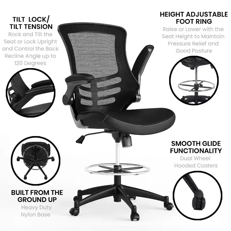 Mid-Back Mesh Ergonomic Drafting Chair with Foot Ring and Flip-Up Arms