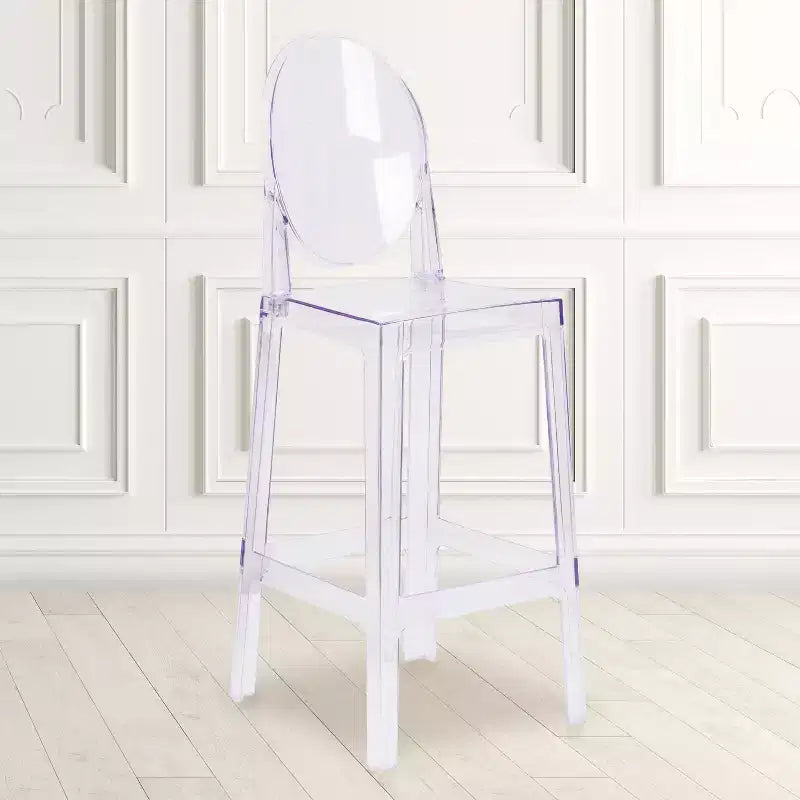 Taburete de bar Ghost con respaldo ovalado en cristal transparente