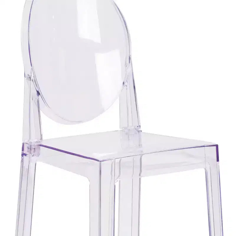 Taburete de bar Ghost con respaldo ovalado en cristal transparente