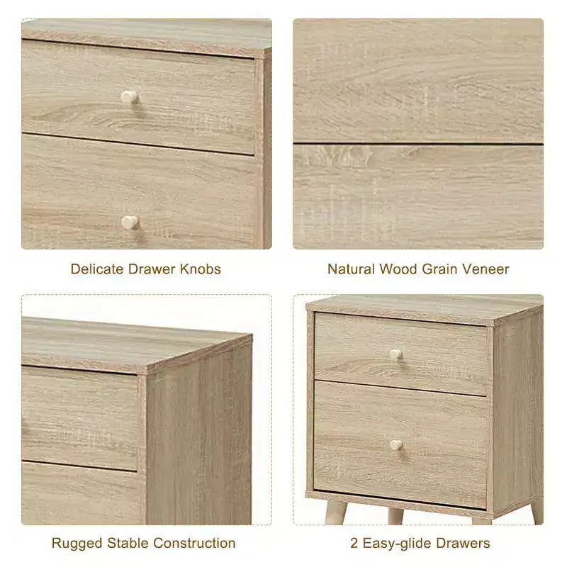 Nightstand 2-Drawer Beside End Side Table w/Rubber Legs
