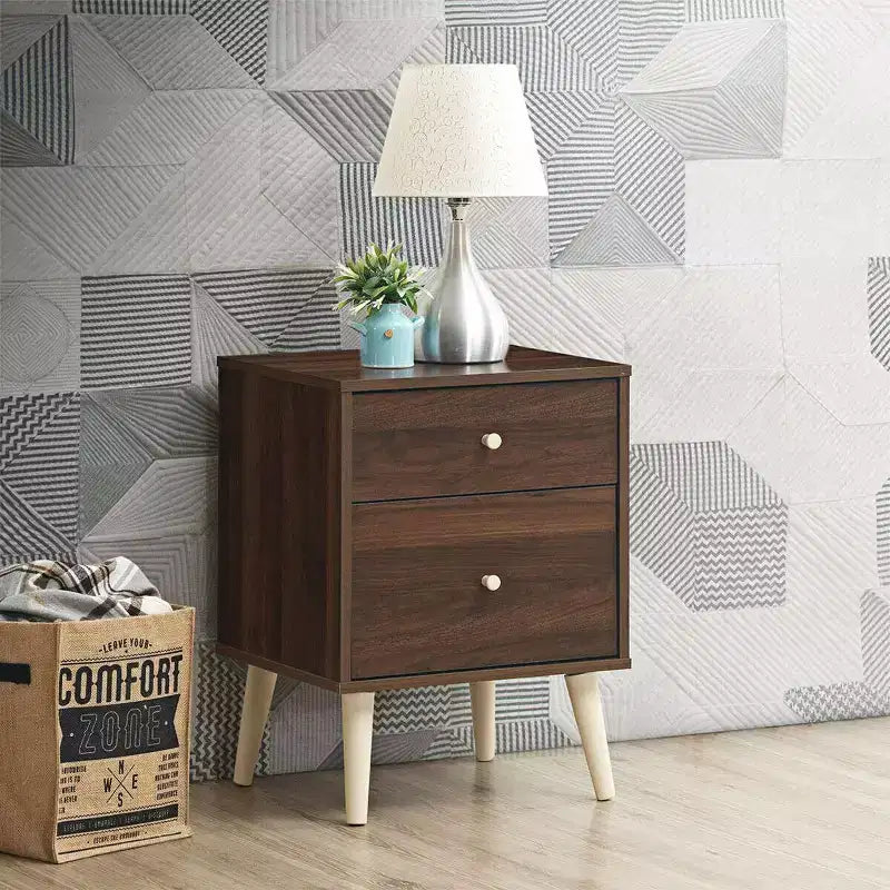 Nightstand 2-Drawer Beside End Side Table w/Rubber Legs