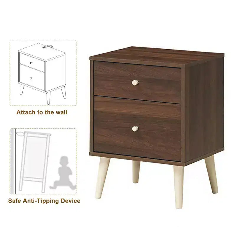 Nightstand 2-Drawer Beside End Side Table w/Rubber Legs
