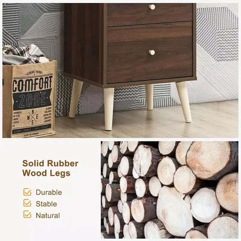 Nightstand 2-Drawer Beside End Side Table w/Rubber Legs