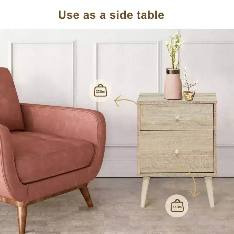 Nightstand 2-Drawer Beside End Side Table w/Rubber Legs