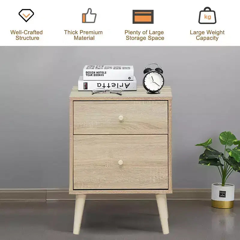 Nightstand 2-Drawer Beside End Side Table w/Rubber Legs