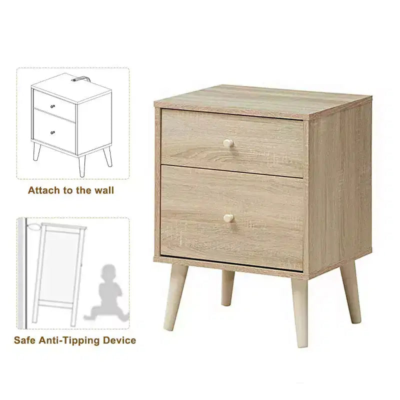 Nightstand 2-Drawer Beside End Side Table w/Rubber Legs