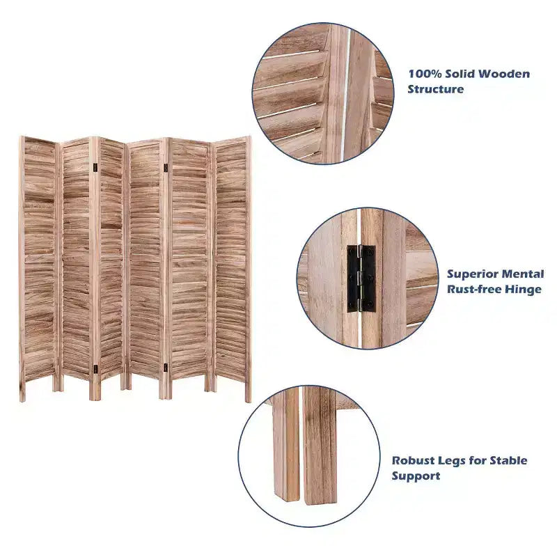 67'' High 6 Panel Room Divider Furniture Classic Venetian Wooden Slat Home