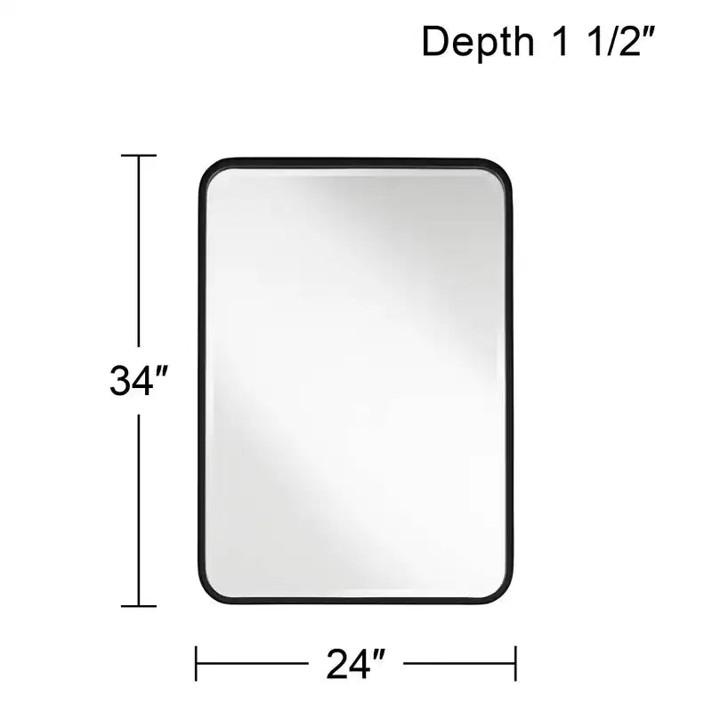 Rounded Edge Rectangular Vanity Wall Mirror Modern Beveled Black Iron Frame 24 Wide for Bathroom Bedroom Living Room Home Entryway