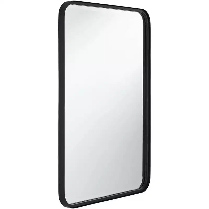 Rounded Edge Rectangular Vanity Wall Mirror Modern Beveled Black Iron Frame 24 Wide for Bathroom Bedroom Living Room Home Entryway
