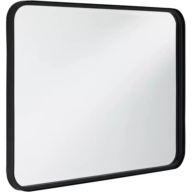 Rounded Edge Rectangular Vanity Wall Mirror Modern Beveled Black Iron Frame 24 Wide for Bathroom Bedroom Living Room Home Entryway