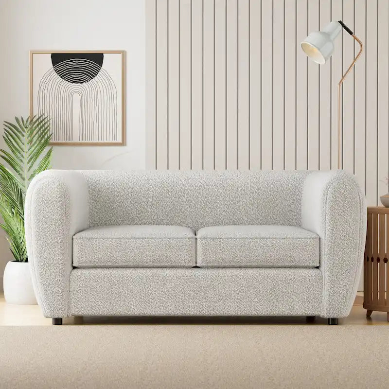 Furniture of America Vanessa – nowoczesna dwuosobowa sofa z zaokrąglonymi podłokietnikami i tapicerką bouclé, mała sofa z poduszką siedziskową i drewnianymi nogami
